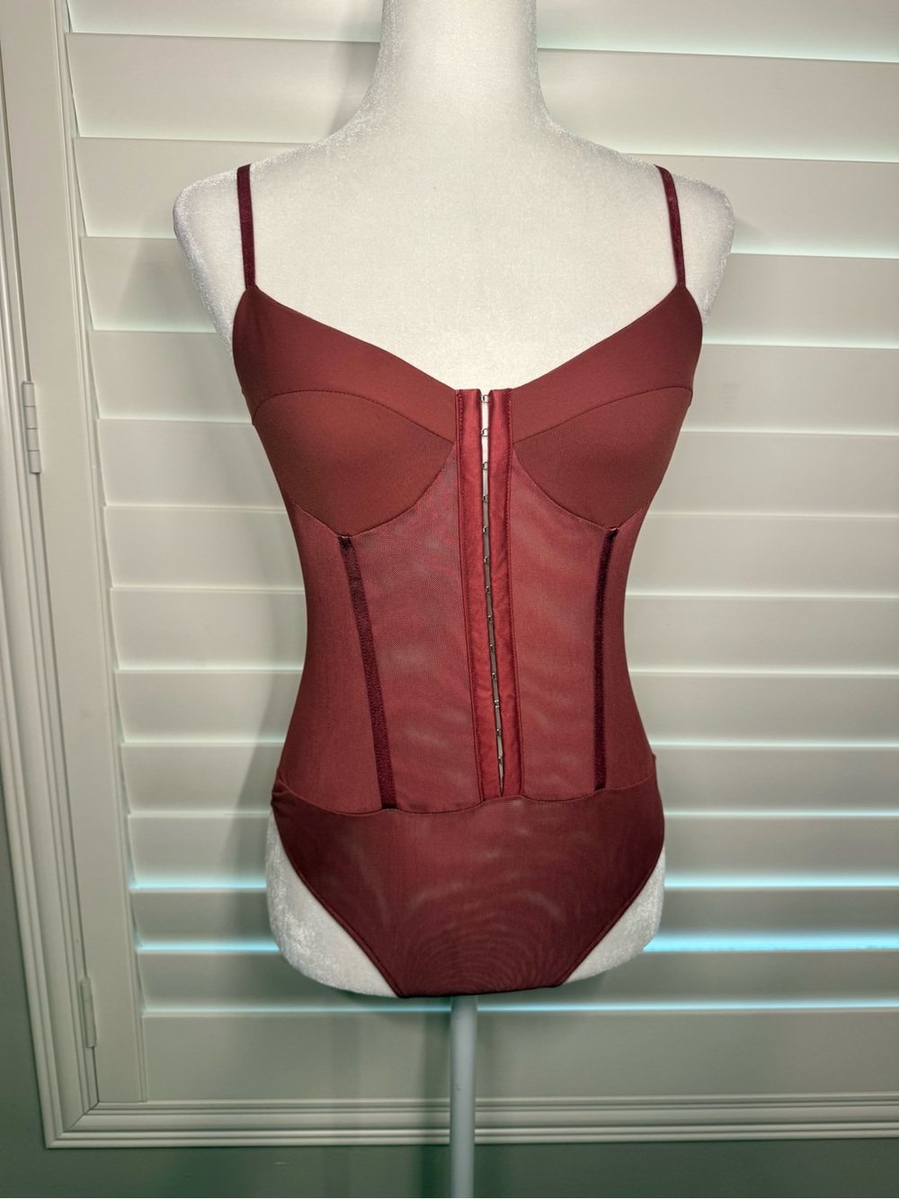 Burgundy Corset Bodysuit with Front Hook Closure